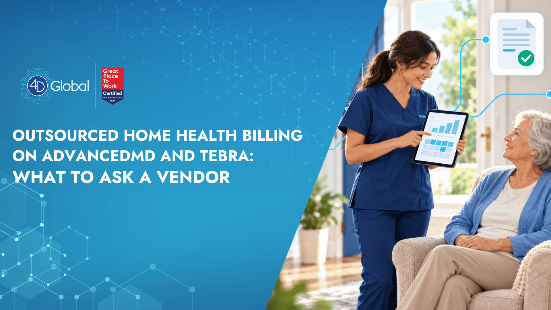 Home health nurse reviewing billing checklist and 30-day claim calendar with a patient at home