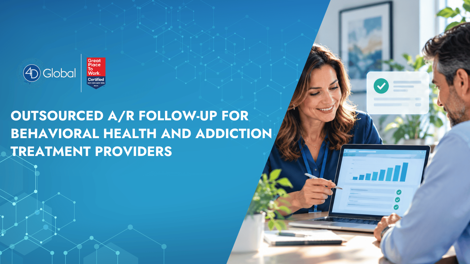 Behavioral health clinician reviewing an accounts receivable dashboard on a tablet, illustrating outsourced A/R follow-up for behavioral health providers.